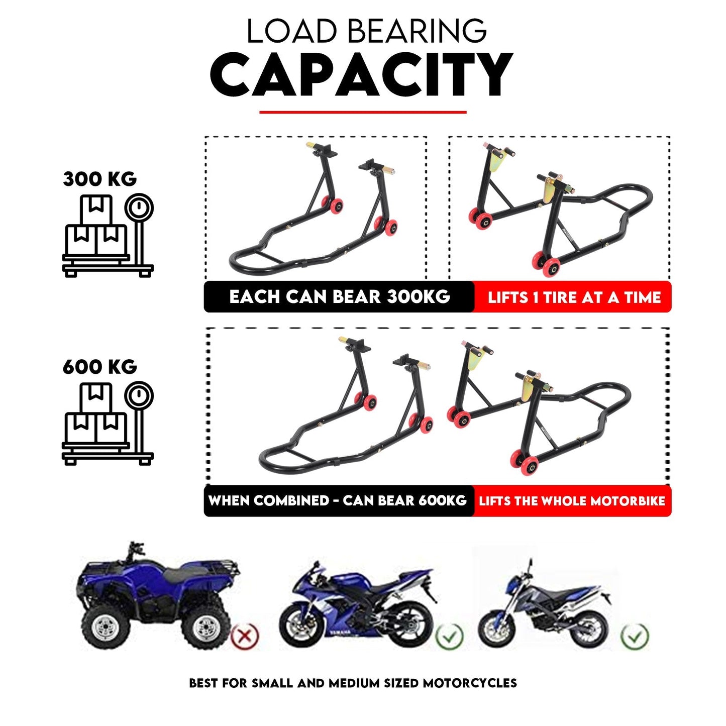 Fiernero Motorcycle Paddock Stand Kit Front & Rear | 600 kg Capacity, Dual Adjustable Adapters